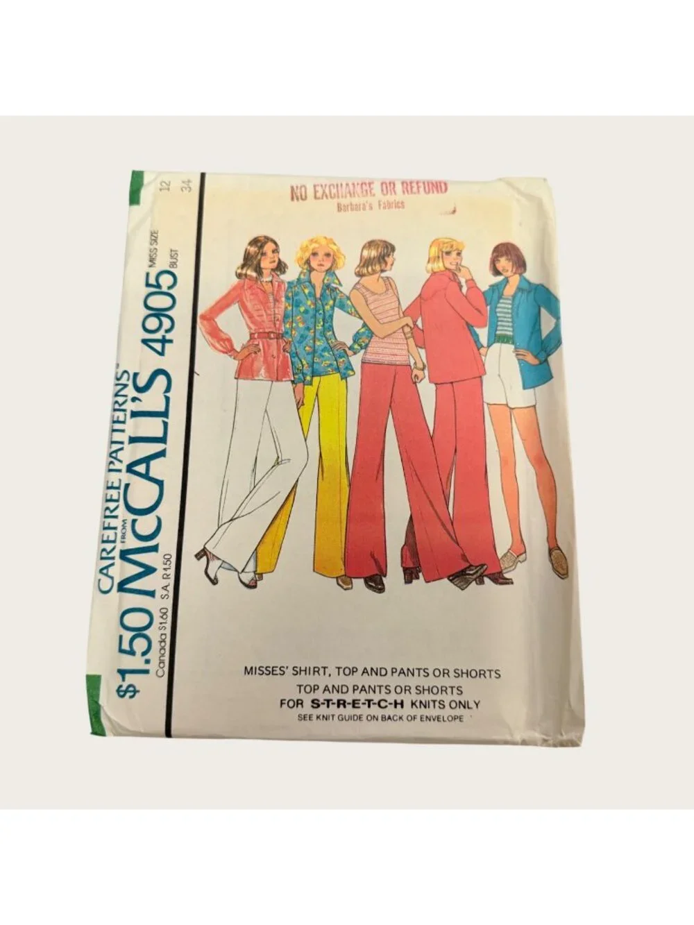 Vintage 1970s McCalls Sewing Pattern 4905 Misses Shirt Pants Shorts Size 12